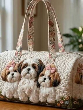 Charming Shih Tzu Puppy Floral Cottagecore Quilted Duffel Tote Bag NWOT